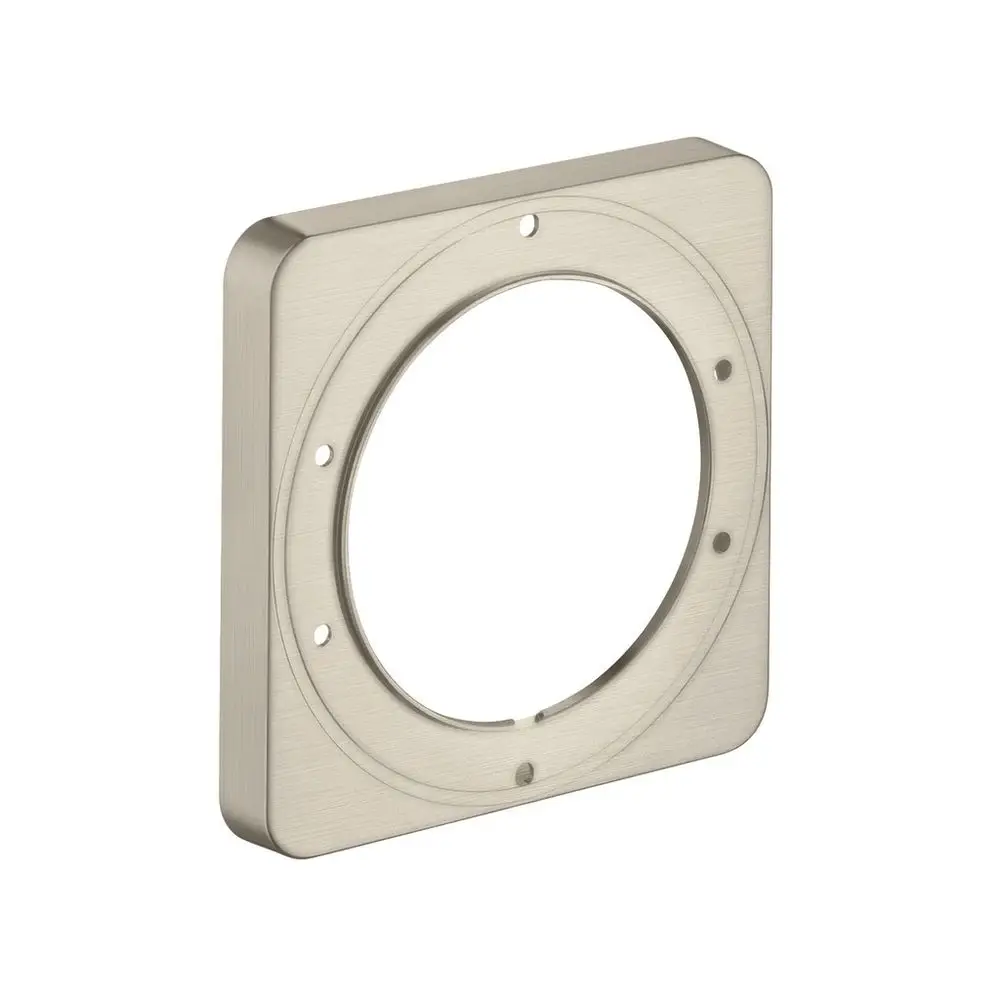 Runde Verlängerungsrosette in gebürstetem Nickel, geeignet für die Montage von Hansgrohe Armaturen, mit mehreren Befestigungslöchern im quadratischen Design.